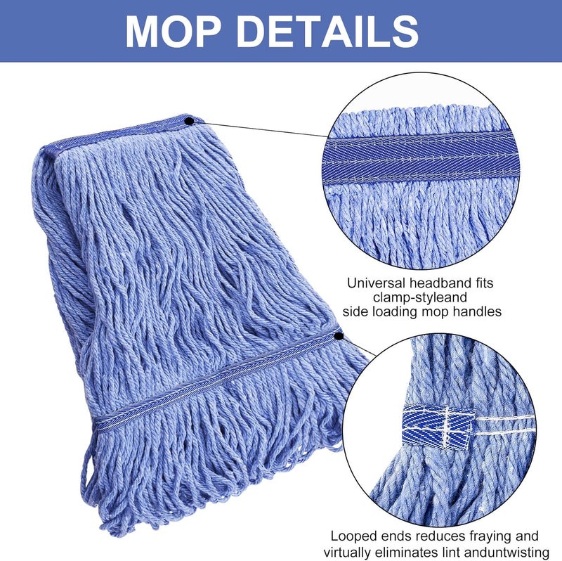 GRAREND Mop Head Replacement for Heavy Duty Commercial Mops for Floor Cleaning, Wet Industrial Blue Cotton Looped End String Head Refill (Pack of 4) - Image 2